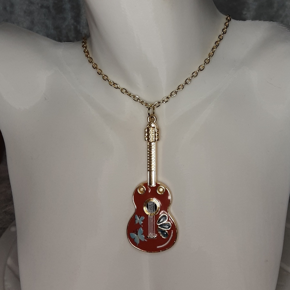 Handmade Guitar Necklace With Blue Rhinestones And Butterflies 20" Long Chain